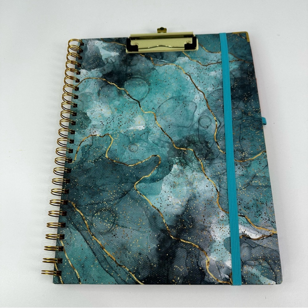 Turquoise Blue & Metallic Marble Spiral Clipboard Folio with Pocketed Dividers